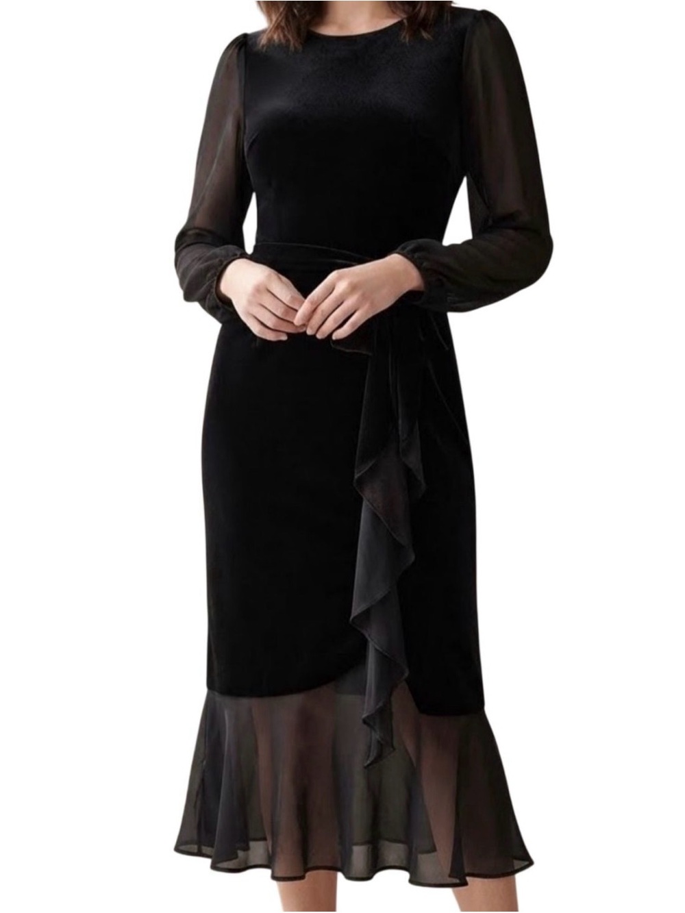 New Tommy Hilfiger Black Velvet Bodice Midi Dress with Sheer Sleeves